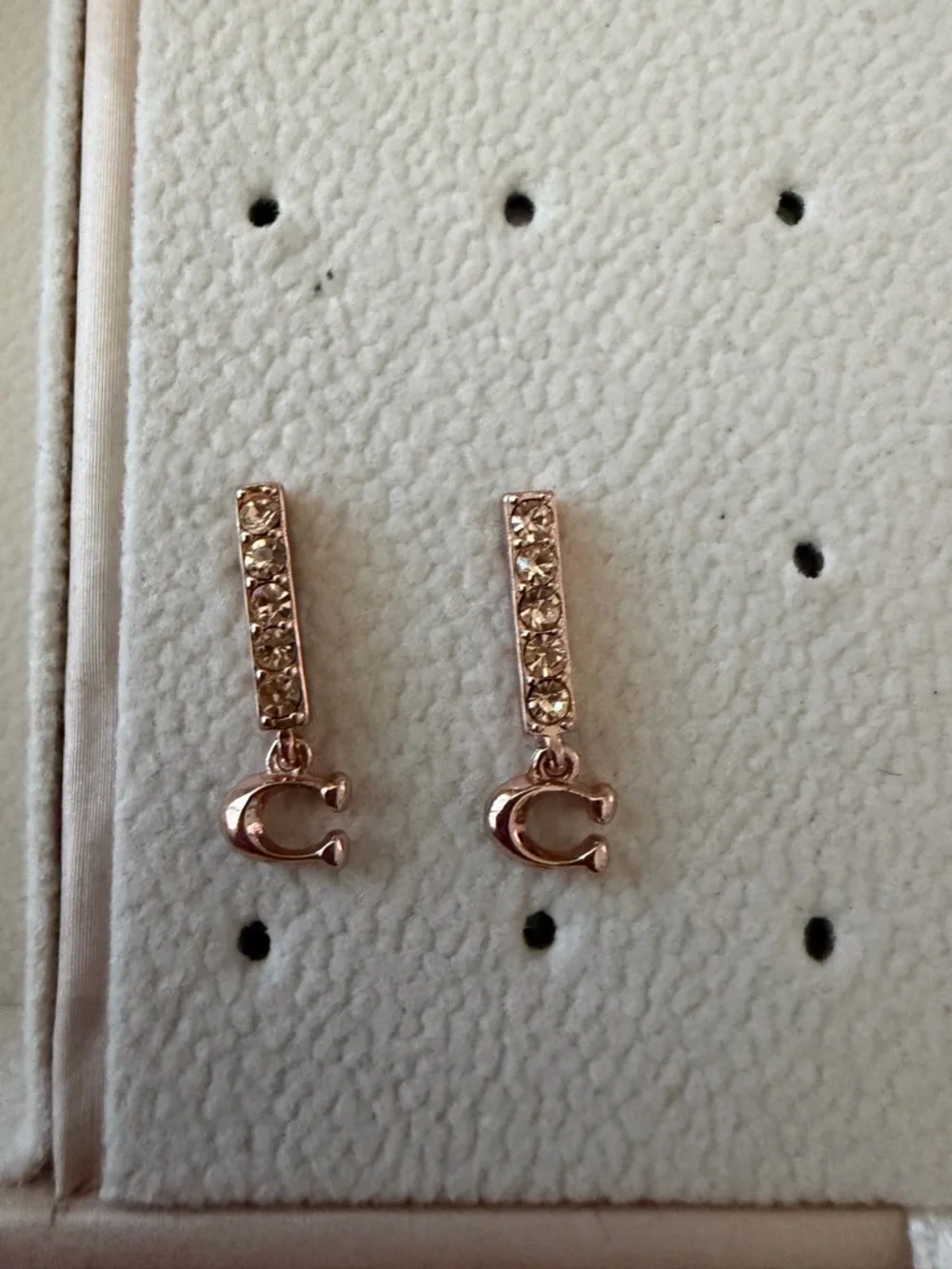 Coach Rose Gold Crystal Bar Drop Earrings with C Charm - Picture 1 of 2